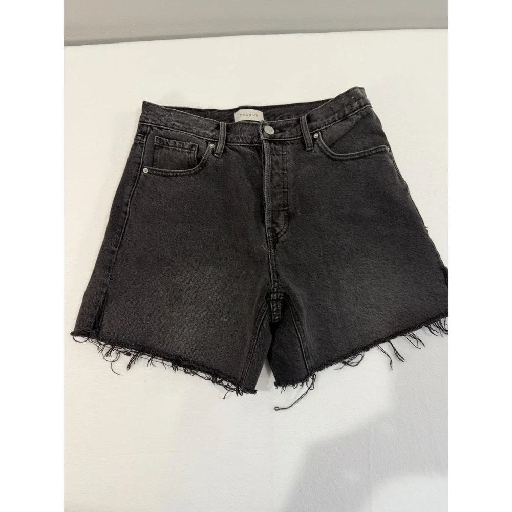 PacSun Denim Shorts Women 26 Black High Rise Relaxed Raw Hem Button Fly Festival